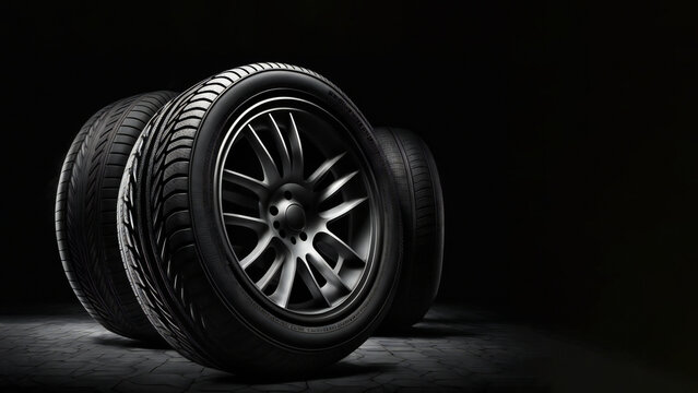 Car tires on black background, ai generated