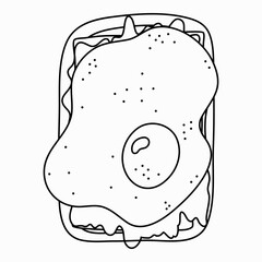 Closeup toast with fried egg, slices of cheese, salad, pepper. American trendy breakfast with popular products. Vector hand drawn sandwich clipart in naive style. Cute doodle. Concept of meal