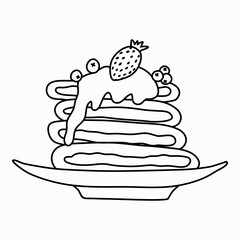Hand drawn doodle plate with pancakes with jam in naive style. Stacks of tasty hot pancakes with jam, strawberry and blueberry, Traditional American breakfast or brunch with berries and toppings