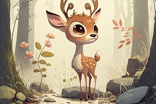 a very cute little deer with big eyes in the forest  Generative AI Digital Illustration Part#70223 