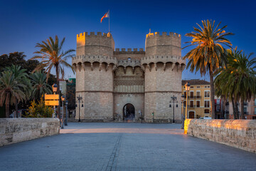 Beautiful Torres de Serranos 14th century gate to the city of Valencia, Spain
