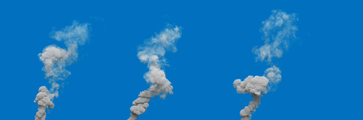 3 grey co2 emissions smoke columns from factory on blue, isolated - industrial 3D illustration