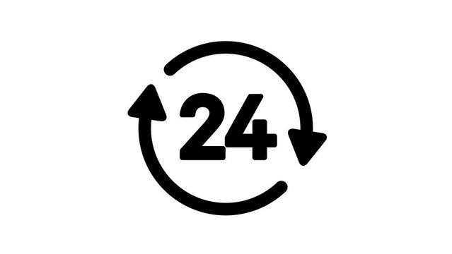 Animation of 24 hours Service in black and white icon design.