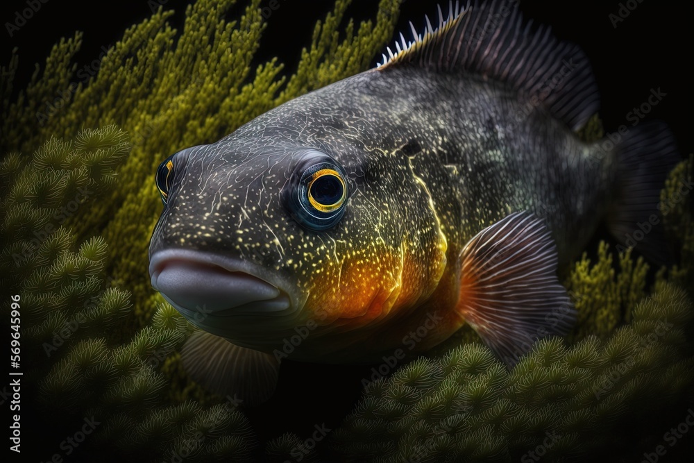 Wall mural  a fish that is sitting in the grass with its eyes open and it's head turned to the side, with a black background of green foliage.  generative ai