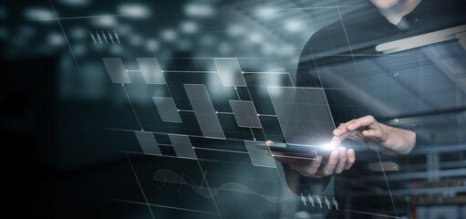 Working on tablet with process and step by step completed task .