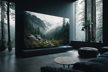 Fototapeta premium Modern Minimalist Apartment Interior Living Room With 8k Tv Screen