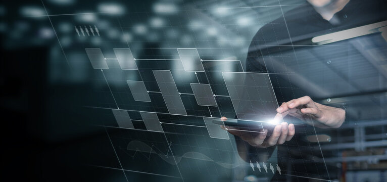 Working on tablet with process and step by step completed task .