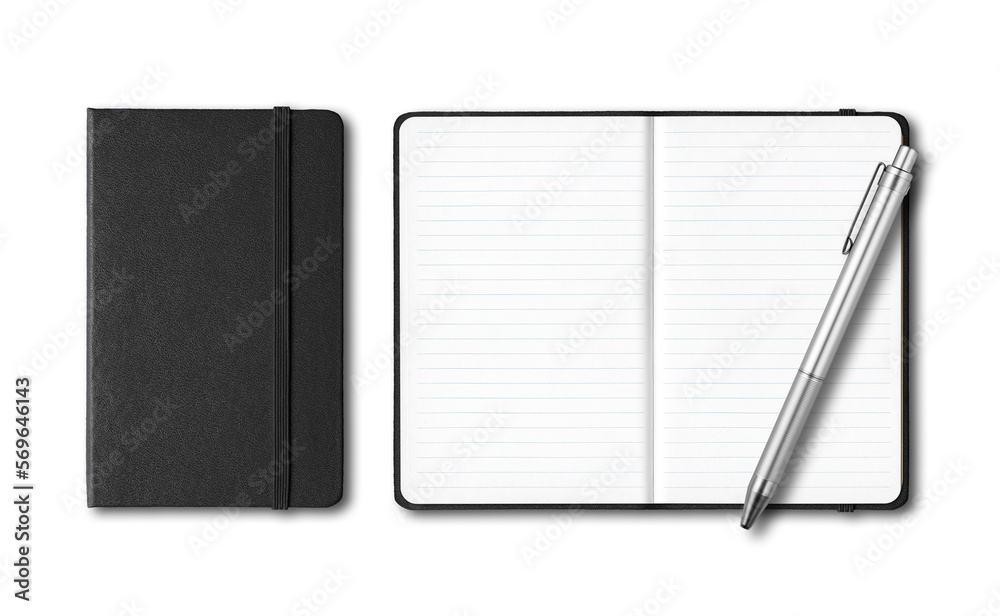 Sticker Black closed and open lined notebooks with a pen isolated on transparent background