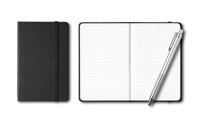 Black closed and open lined notebooks with a pen isolated on transparent background