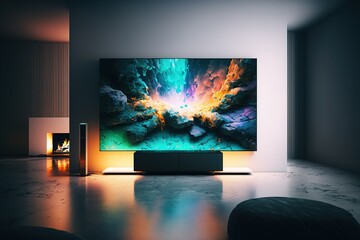 Fototapeta premium Modern Minimalist Apartment Interior Living Room With 8k Tv Screen