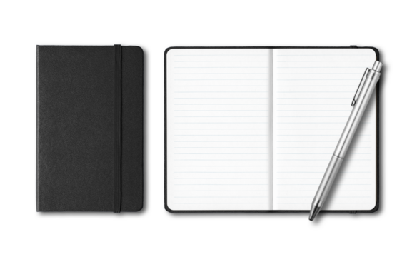 Black closed and open lined notebooks with a pen isolated on transparent background