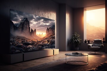 Modern Minimalist Apartment Interior Living Room With 8k Tv Screen