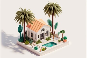 Buying your own place: Tiny miniature model of a residential house with palm trees and swimming pool. AI