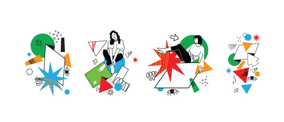 Outline characters, people in different poses and various geometric shapes and colorful abstract figures. Different mood, positions. Hand drawn vector illustration