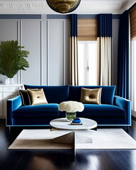 This living room uses white, brown and denim blue to make relaxing look easy. generative AI.