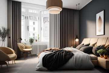 Scandinavian style bedroom with natural wood furniture and a beige color scheme. Generative AI