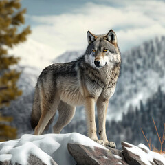 Naklejka premium gray wolf canis lupus in snow, generative AI