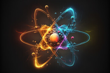 Abstract conceptual illustration of atom with electrons and protons spinning around. AI - obrazy, fototapety, plakaty