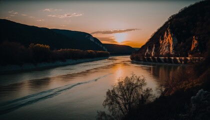 A beautiful Danube river landscape background with cinematic sky and calm water generative ai