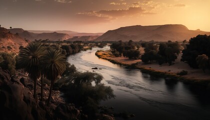 Obraz premium Beautiful Nile river Egypt landscape view at dusk sunset generative ai