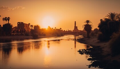 Fototapeta premium Beautiful Nile river Egypt landscape view at dusk sunset generative ai