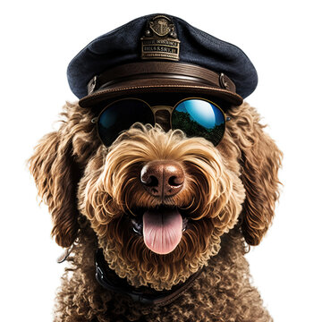 Labradoodle Smiling With Police Hat And Sunglasses Dog In A Invisible Background Generative AI	
