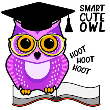 Cute smart owl with glasses, in a bachelor cap on a book. Cartoon vector illustration. Education concept.
