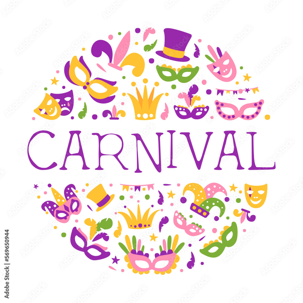 Sticker Bright Mardi Gras or Fat Tuesday Carnival Celebration with Mask and Feather Arranged in Circle Vector Template