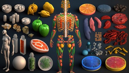 Fototapeta na wymiar human body anatomy, medical organs system Human Internal Organs, and wholesome foods. The best menu for a healthy body. 3d illustration of medical concept. generative AI