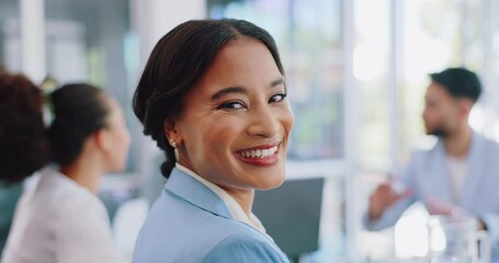 Happy woman, portrait or internship in office meeting, boardroom training or diversity teamwork collaboration. Smile, corporate or business opportunity in global finance company or strategy planning