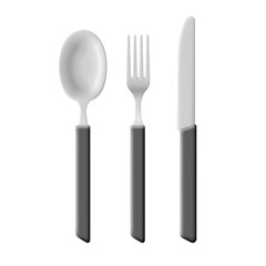 Cutlery set for kitchen, fork, spoon, knife with black plastic handles. Modern illustration for design, table setting. Top view.