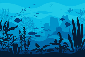 Vector ocean world. Deep seascape with seaweeds, fish and corals. Aquatic ecosystem. Blue background. Illustration of undersea bottom.  © Yulia Ogneva