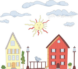 Vector Town Illustration with Houses, Bushes, Pigeon, Clouds and Sun, Cute Children's Illustration.