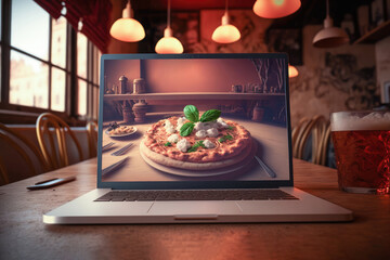 laptop on a restaurant table with a pizza on the screen, concept of ordering food online, generative ai