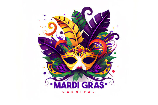 Mardi gras. Mask with feathers, festival bright colours. Icon, clipart for website, holiday, travel, festival application. Mardi gras party invitation. Flat illustration, cartoon style. Generative Ai.