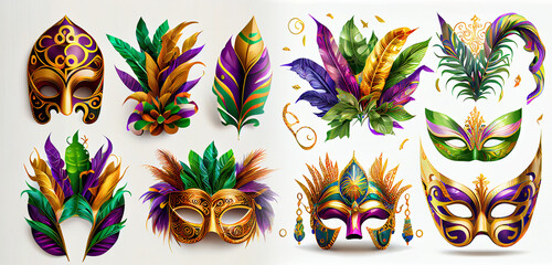 Set of isolated mask and elements for Mardi Gras carnival. Colombina and volto masque for masquerade festival. Face and eyes disguise with diamond and feather, rose flower. Generative Ai. - obrazy, fototapety, plakaty
