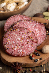 Sliced salami using beef meat with spices