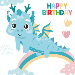 Colorful birthday card for children with a cute baby dragon theme. Vector file.