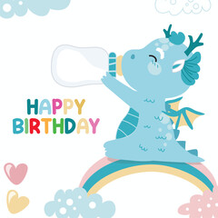 Colorful birthday card for children with a cute baby dragon theme. Vector file.