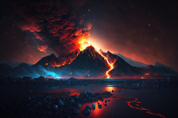 Night landscape with volcano and burning lava. Volcano eruption, fantasy landscape. 3D illustration. (ai generated)