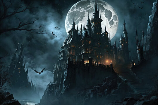Fantasy dark gothic castle of a vampire city Generative AI