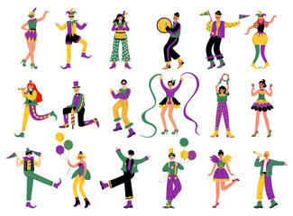 Mardi Gras with People Characters in Bright Costumes Celebrating Festive Holiday Vector Set © topvectors