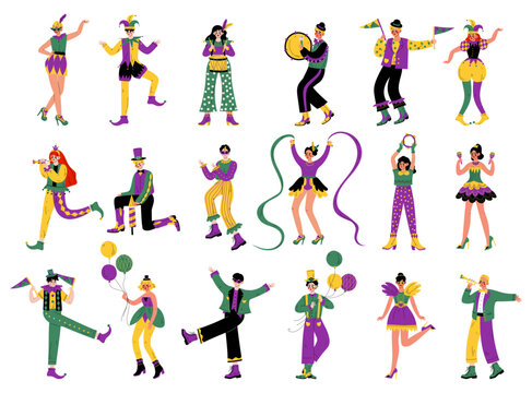 Mardi Gras with People Characters in Bright Costumes Celebrating Festive Holiday Vector Set