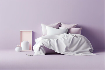 Fototapeta na wymiar A minimalist bedroom bed with white clean linens, comfy pillows and quilt on a purple delicate background of lilac walls, a copy place. Generative AI