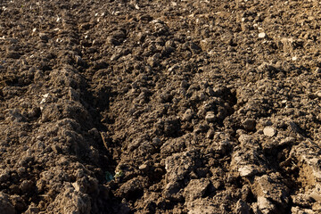 Processed plowed fertile soil in the field