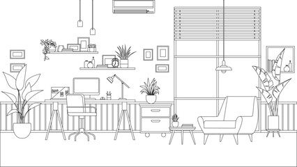 Modern home office interior line art style. Workplace with desk, chair, computer and potted plants. Empty working place with furniture. Interior for freelancer. Work table with chair, coloring book
