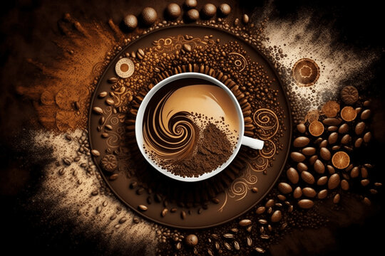 Coffee bean circle, coffee cup from above with a swirl