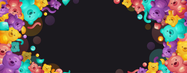 Jelly bear border frame with Colorful marmalade, worms, candies and sweets. Vector template isolated on black dark background