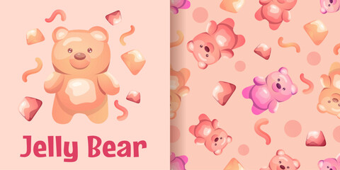 Naklejka premium Jelly Bear Seamless Pattern in pink colors for Saint Valentine's day decor or wrapping paper with various, worms, candies and sweets. Vector illustration