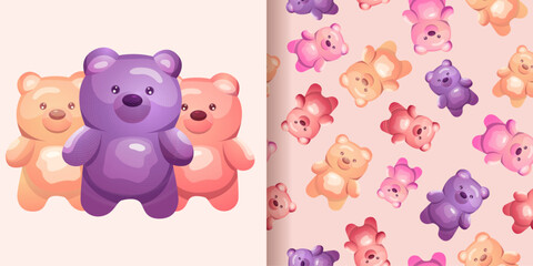 Obraz premium Jelly Bear Seamless Pattern in pink colors for Saint Valentine's day decor or wrapping paper with various, worms, candies and sweets. Vector illustration